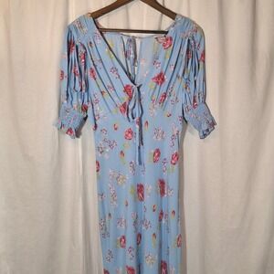 Topshop Blue Floral Rose Print V-Neck Tie Front Maxi Dress US 10 UK 14 EUR 42